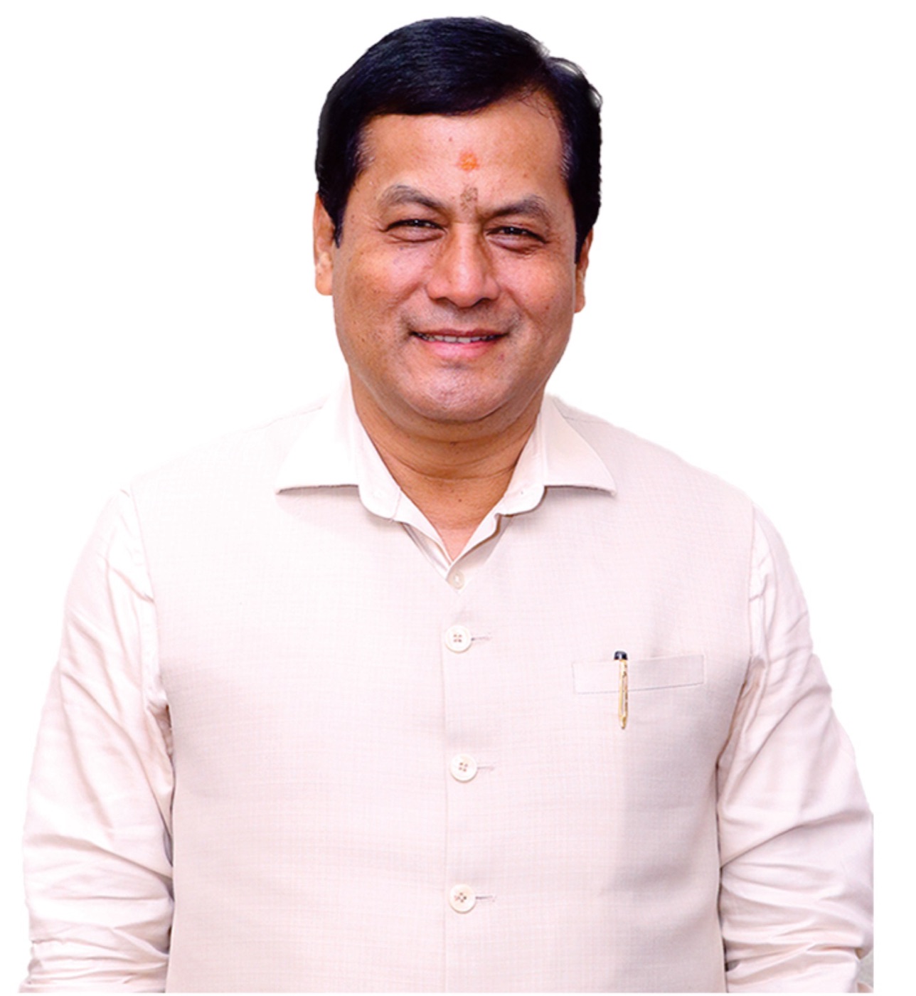 Portrait of Shri Sarbananda Sonowal, smiling, in a light cream Nehru jacket